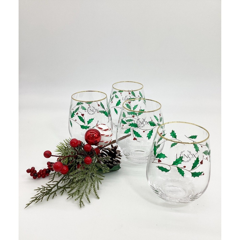 Lenox Christmas Wine Glasses, Set of 8: Gold Rim Holly Barware  (TBL) - Picture 6 of 11